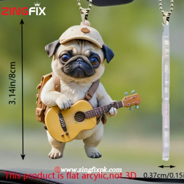 Acrylic Pug Dog with Guitar Ornament for Car Rearview Mirror - Image 2