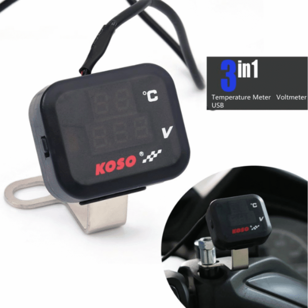 Universal 12V 3-in-1 Motorcycle Voltmeter, Thermometer & USB Charging Port
