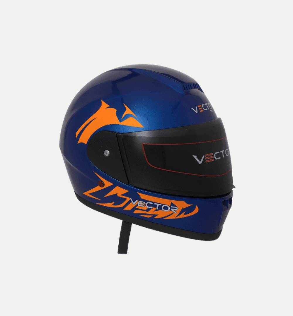 Vector Full Face Helmet – Glossy Blue with Orange Graphic Accents