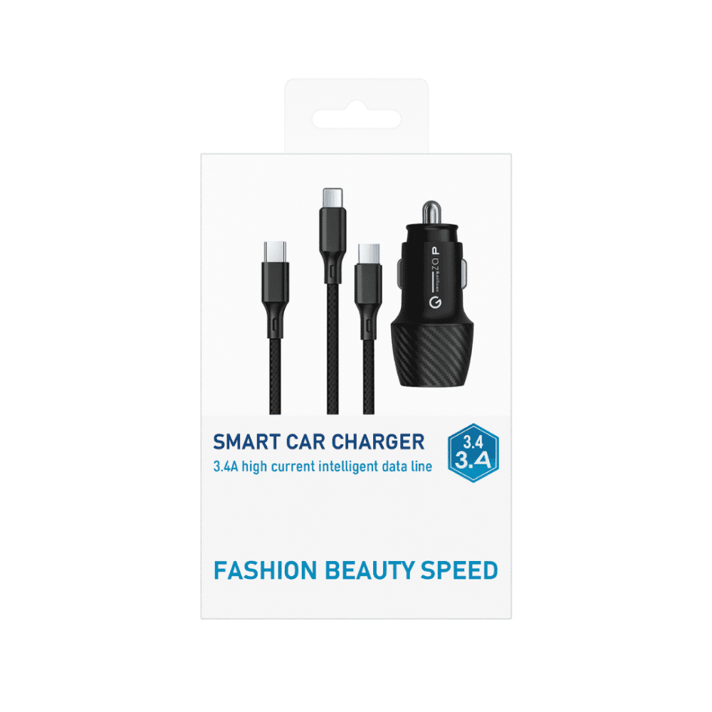 Smart Car Charger 3.4A – Triple USB Cable with iPhone, Type-C & Micro USB Support